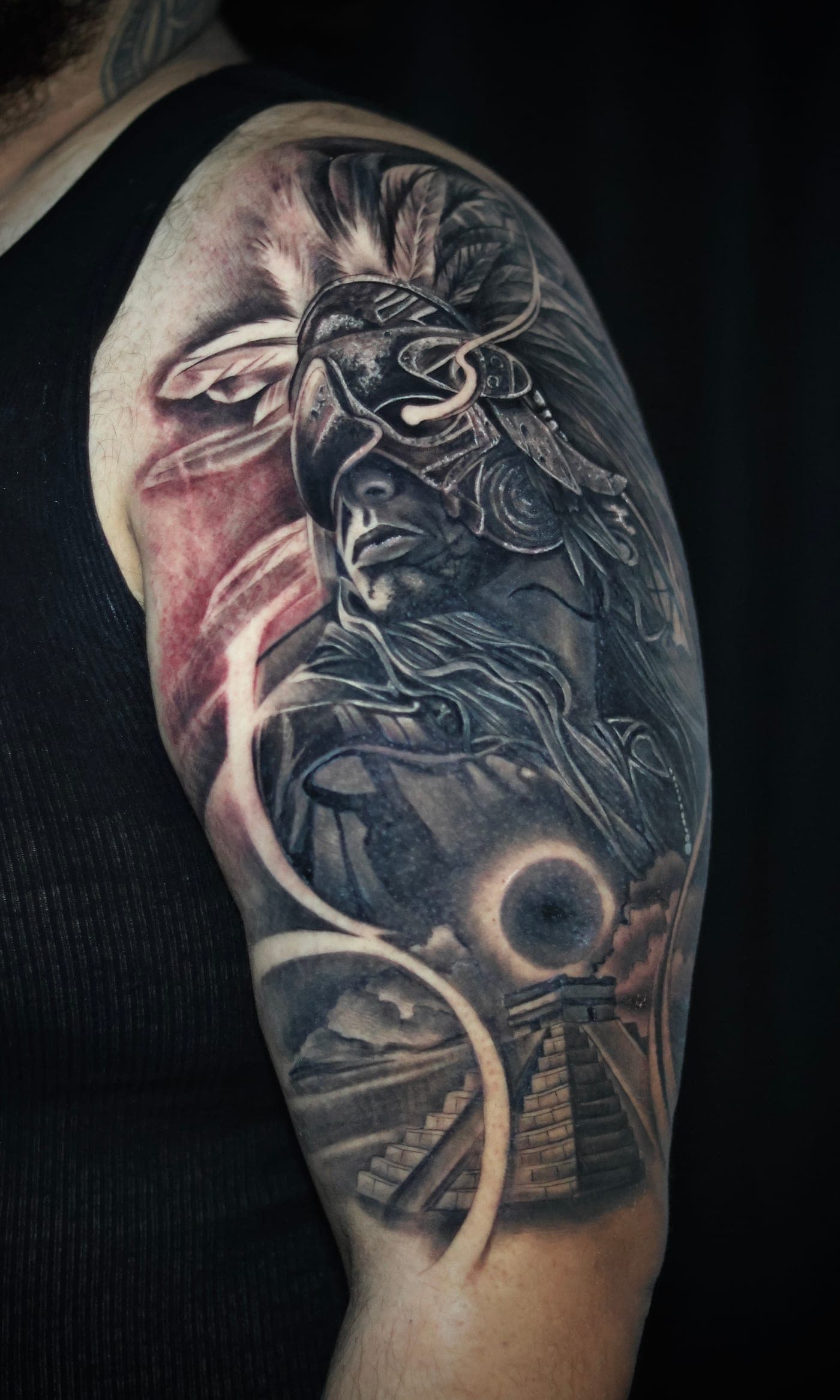Aztec warrior with pyramid black and grey sleeve