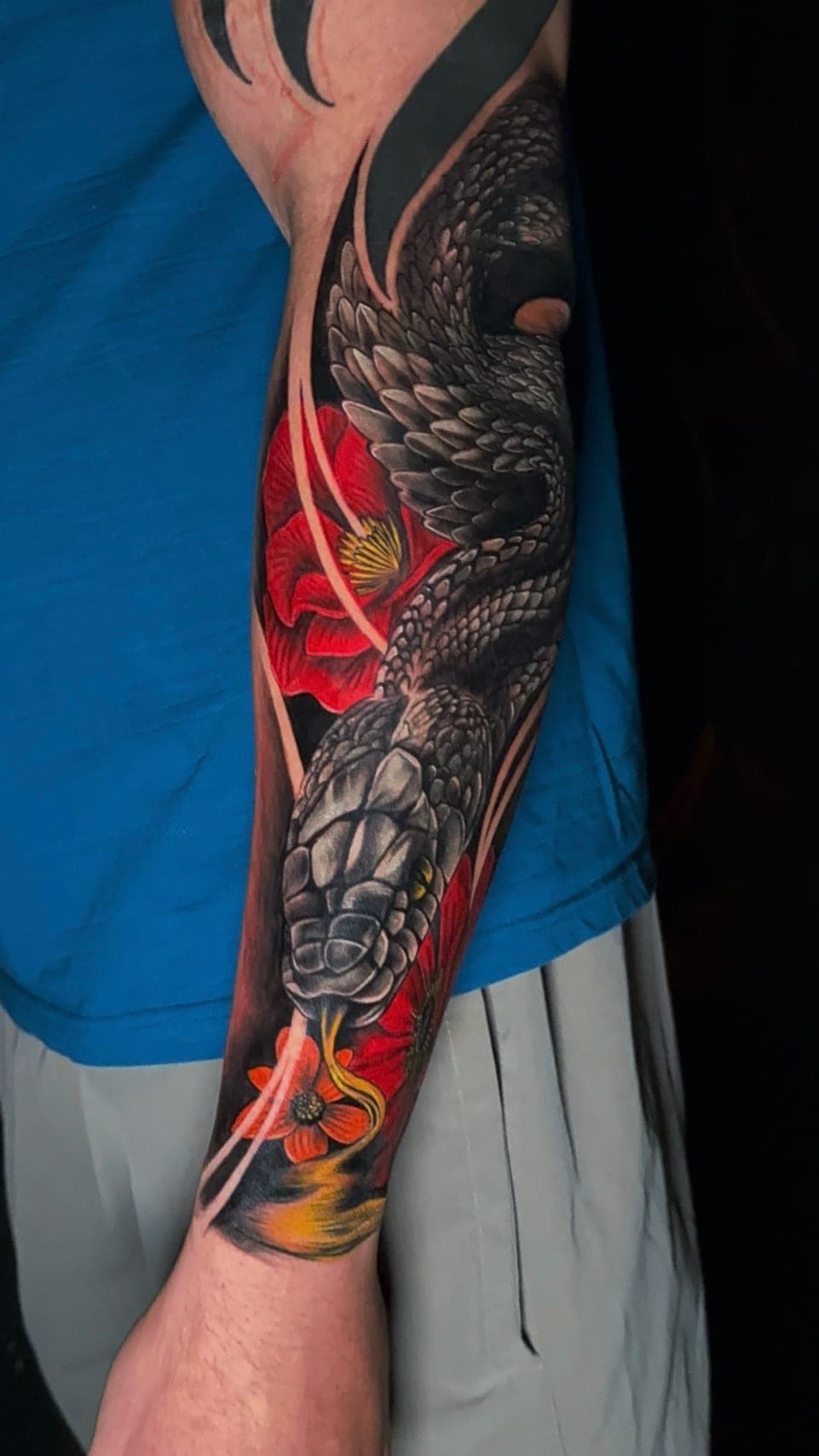 Full color snake and red poppies sleeve
