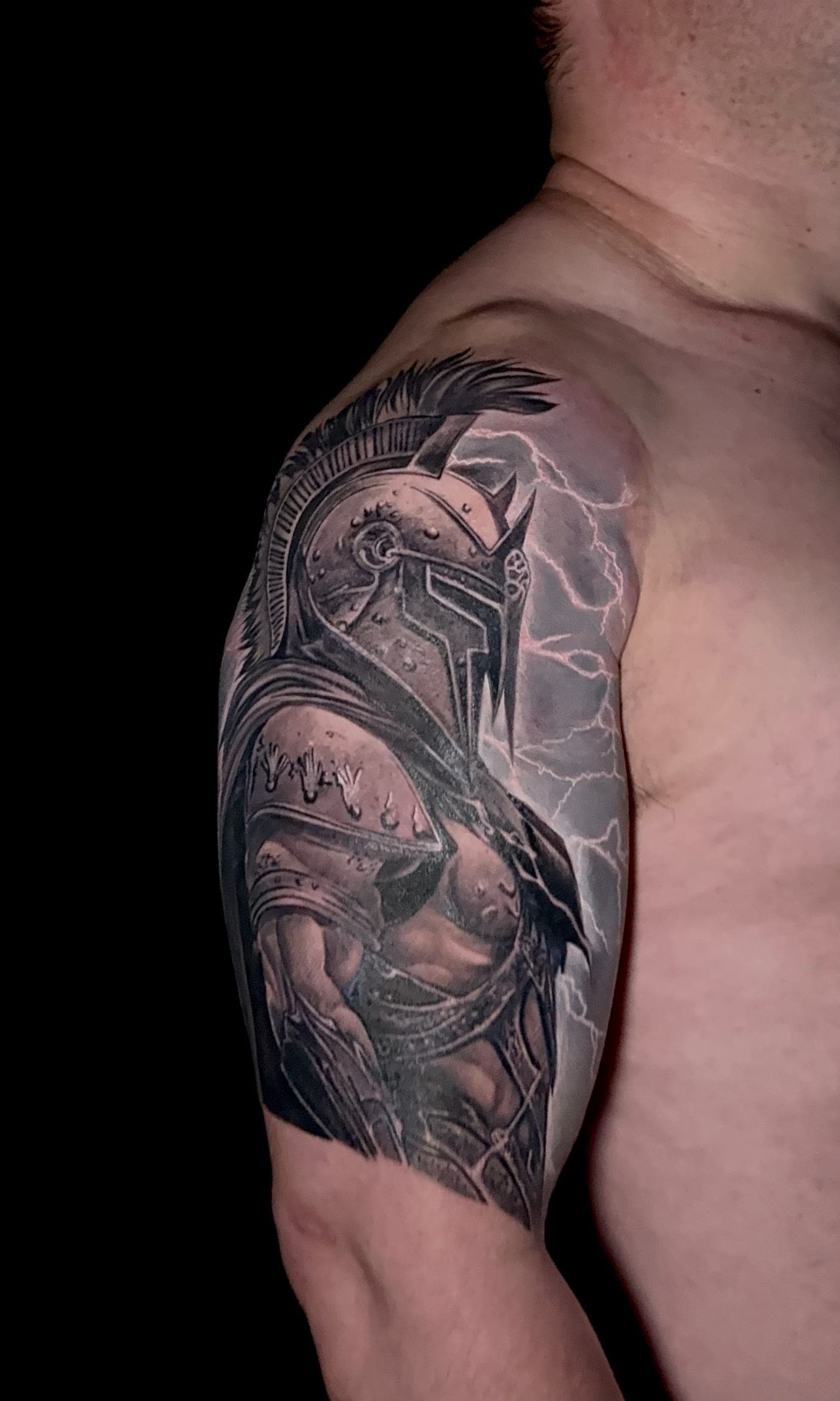 Spartan warrior with lightning storm half sleeve